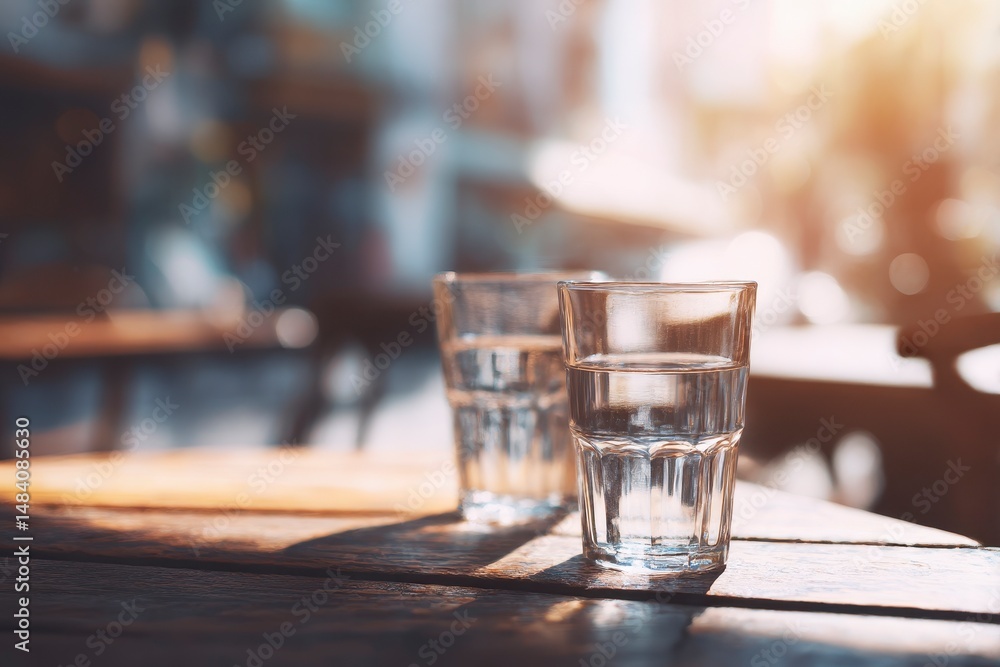 Glasses of water on wooden table in cafe