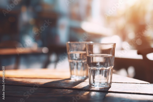 Obraz na płótnie Glasses of water on wooden table in cafe w salonie