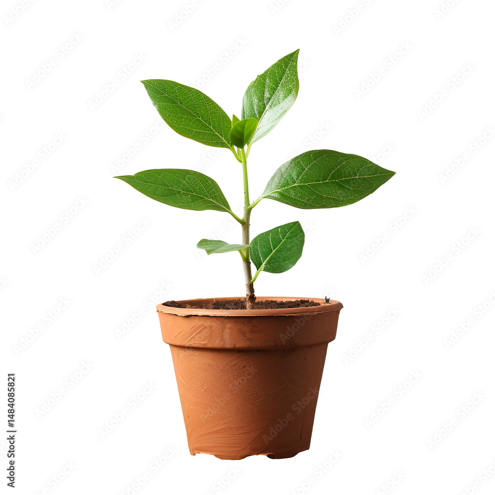Green plant seedling in brown pot on black background Green plant seedling in brown pot on black background