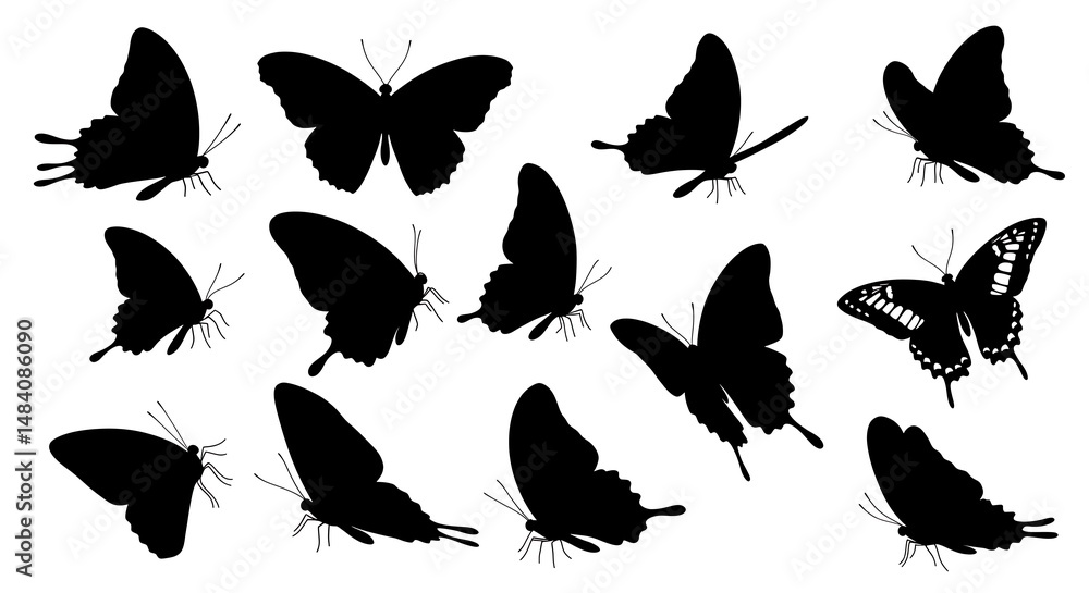 Fototapeta premium Silhouette Butterfly Collection: Elegant Black & White Vector Art