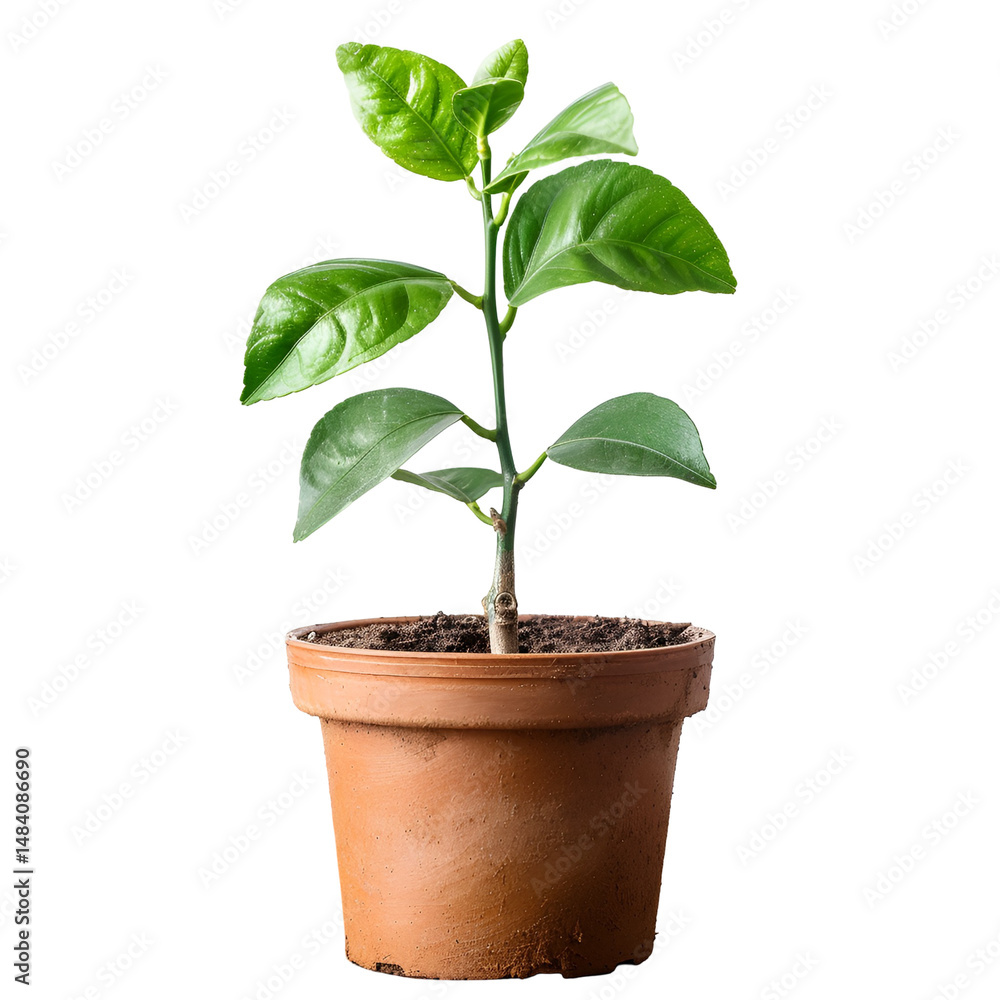 Young lemon tree in terracotta pot on black background Young lemon tree in terracotta pot on black background
