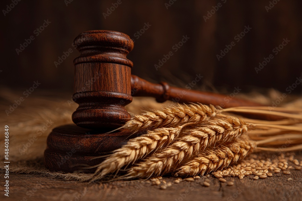 Wooden gavel and wheat ears on grains. Agricultural deal