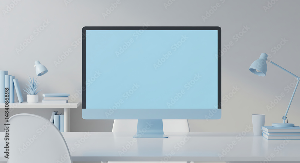Fototapeta premium Modern Home Office Workspace: Desk with Computer, Lamps, and Books