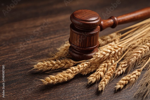 Obraz na płótnie Wooden gavel and wheat ears on grains. Agricultural deal w salonie