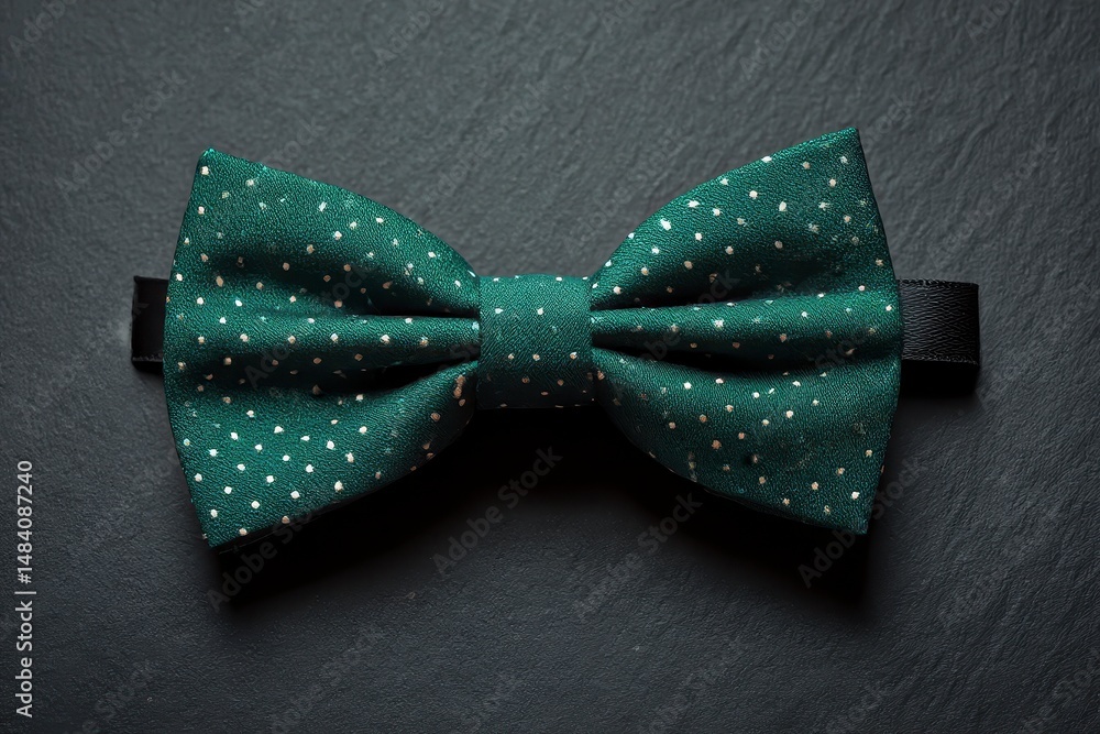 Stylish green bow tie with polka dot pattern on black table