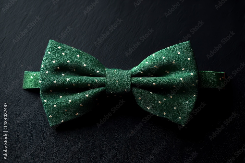Stylish green bow tie with polka dot pattern on black table