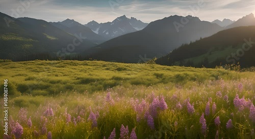 Serene Sunset Over Mountain Range and Wildflower Meadow