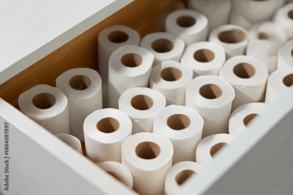Many toilet paper rolls in white drawer indoors