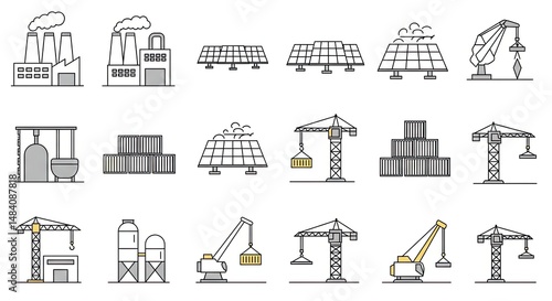 Industrial and energy icons set illustrating factories, solar panels, and cranes.