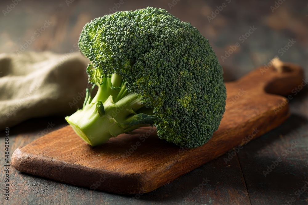 Raw green broccoli on wooden cutting board