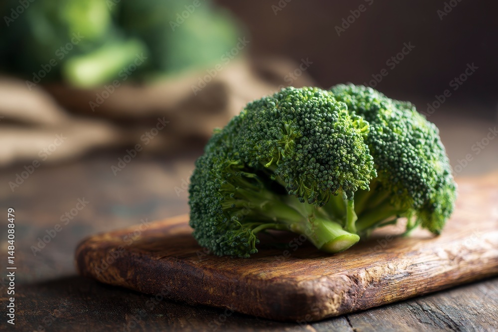 Raw green broccoli on wooden cutting board