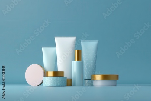 Mockup of a cosmetics tubes and jars on a blue background
