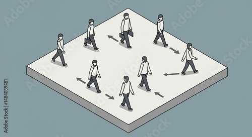Isometric illustration of business people walking in a circular workflow pattern.