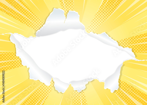 サンバーストと穴の空いた紙の背景素材、ハーフトーンのドット、集中線のエフェクト、フレーム