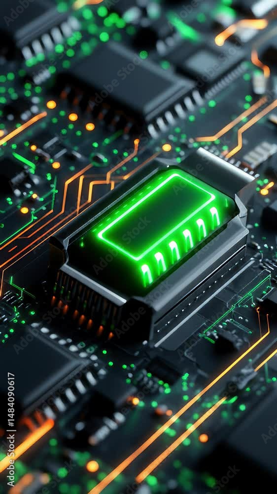Green Glowing Circuit Board Closeup Green Glowing Circuit Board Closeup