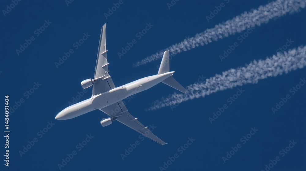 Obraz premium High-altitude close-up of a commercial airliner emitting long contrails across a deep blue sky, captured with a telephoto lens in smooth lateral motion.