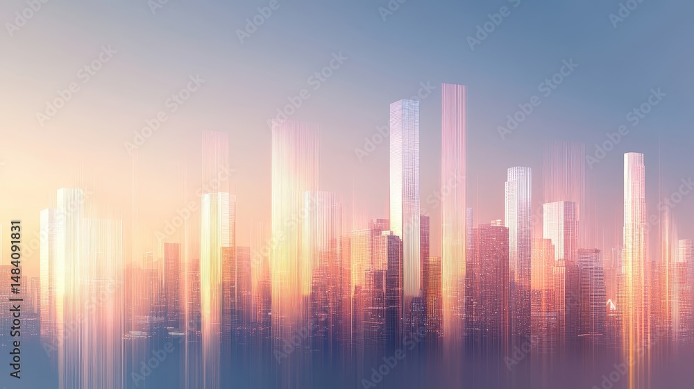 Fototapeta premium Urban Skyline at Dawn Glowing Cityscape with Tall Buildings and Light Streaks