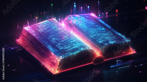 Digital knowledge: An open book glowing with information in the digital age