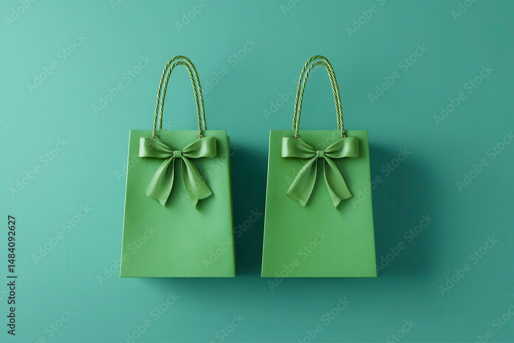 Green paper shopping bags mockup with green handles and bow ties. Gift wrapping
