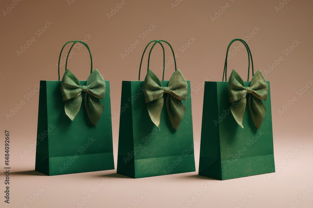 Green paper shopping bags mockup with green handles and bow ties. Gift wrapping