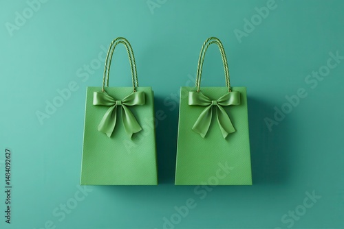 Obraz na płótnie Green paper shopping bags mockup with green handles and bow ties. Gift wrapping w salonie