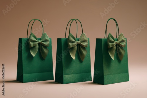 Obraz na płótnie Green paper shopping bags mockup with green handles and bow ties. Gift wrapping w salonie