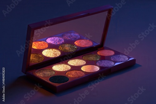 Makeup eyeshadow palette mockup. Open set of colored eyeshadows with a mirror, 3D photo