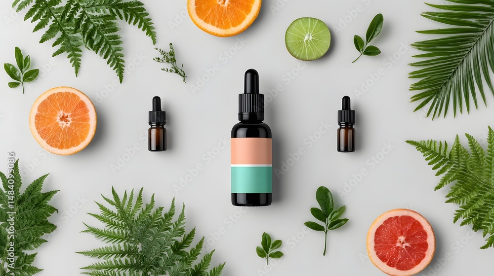 This vibrant flat lay features essential oil bottles surrounded by fresh citrus fruits and lush greenery, symbolizing health, wellness, and natural beauty. This vibrant flat lay features essential oil bottles surrounded by fresh citrus fruits and lush greenery, symbolizing health, wellness, and natural beauty.