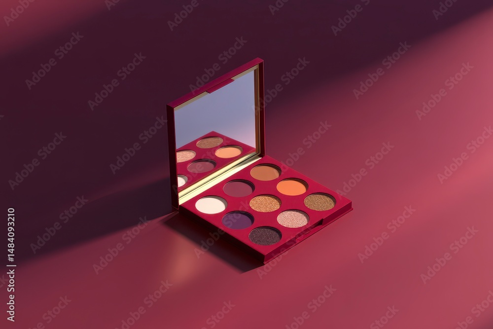 Makeup eyeshadow palette mockup. Open set of colored eyeshadows with a mirror, 3D photo
