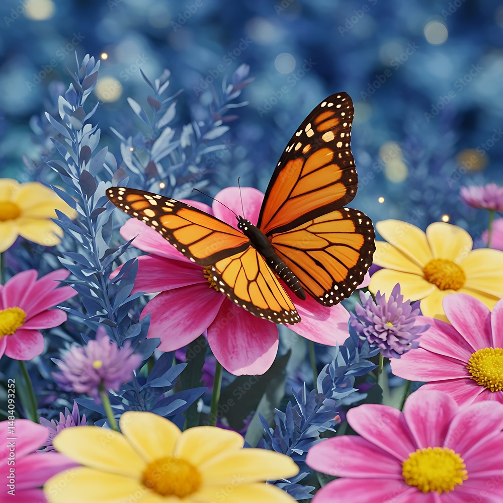 Fototapeta premium Monarch Butterfly in a Dreamlike Garden: 3D Render AI Generated