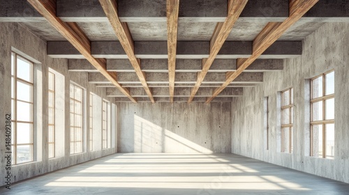 Fototapeta Naklejka Na Ścianę i Meble -  Concrete walls, a large room with windows and ceiling with wooden beams.