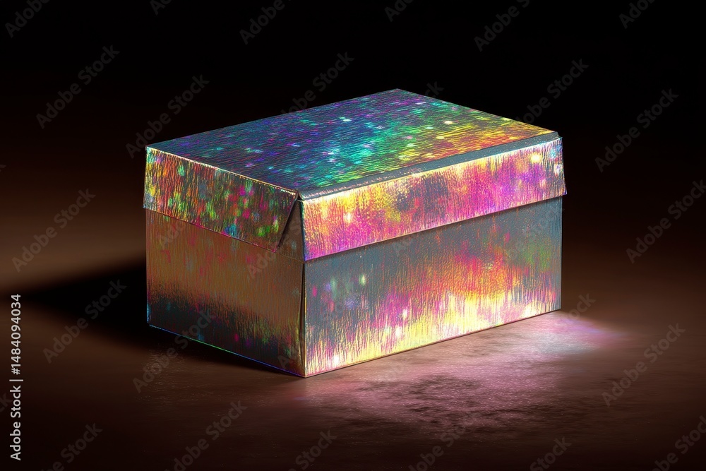 A box made of metallized cardboard with a holographic effect. Mock-up of the packaging without a logo