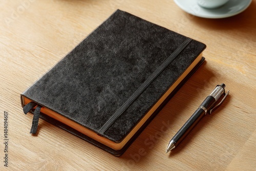Mockup of a black diary in a leather cover with a pen and a pencil on the table without a logo. A5 notebook
