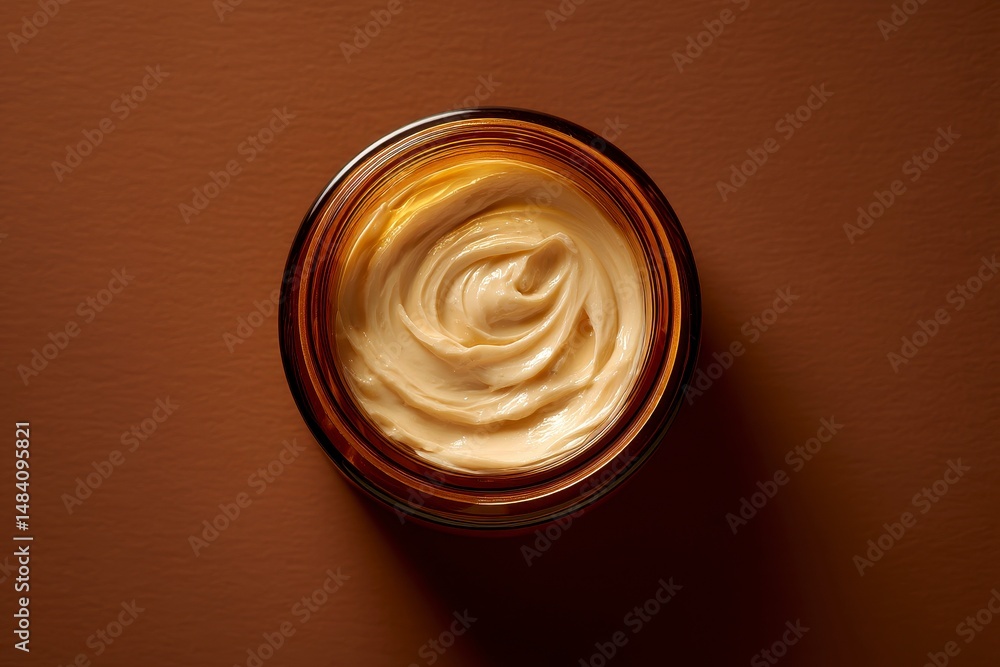 Open amber glass jar with cream inside, top view, on a nice brown background