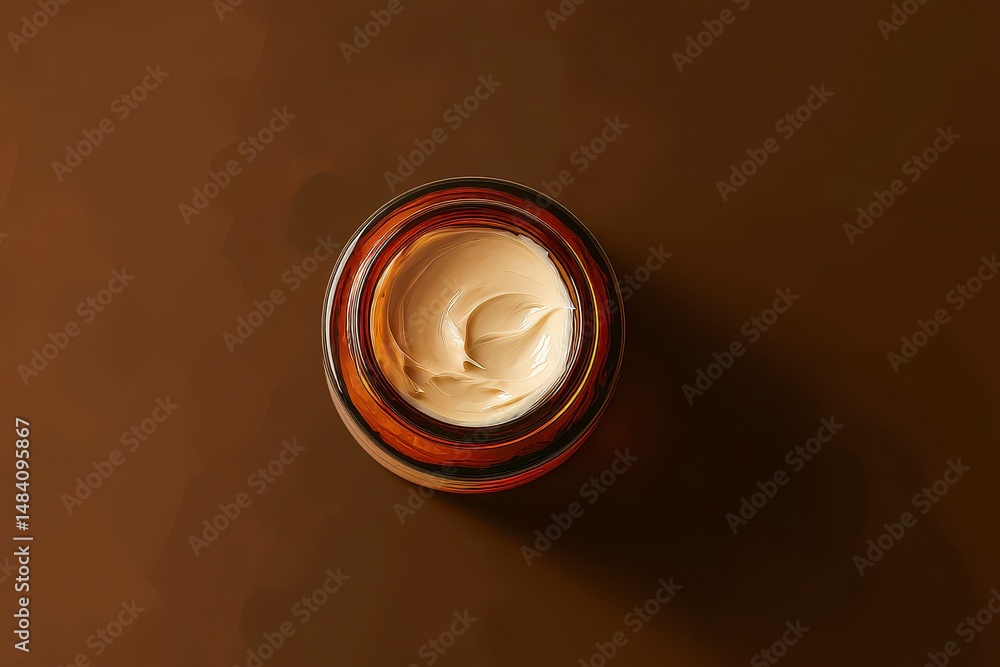 Open amber glass jar with cream inside, top view, on a nice brown background
