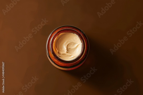 Obraz na płótnie Open amber glass jar with cream inside, top view, on a nice brown background w salonie