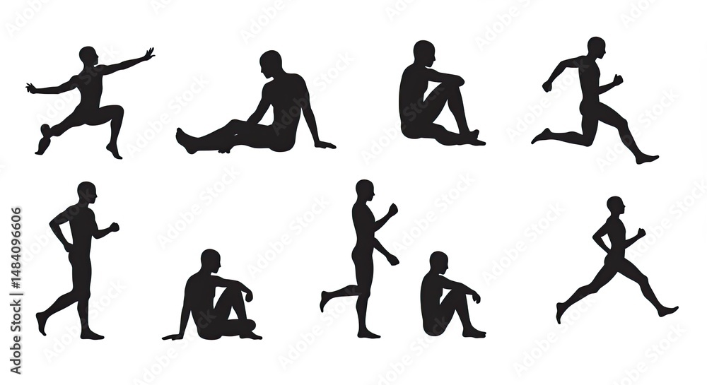 Silhouettes of diverse poses and actions of a human figure on a white background. Silhouettes of diverse poses and actions of a human figure on a white background.