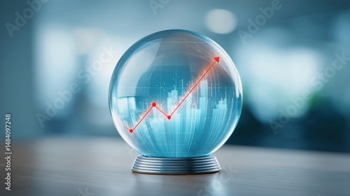 A crystal ball displays a rising financial chart, symbolizing market predictions and economic forecasts.