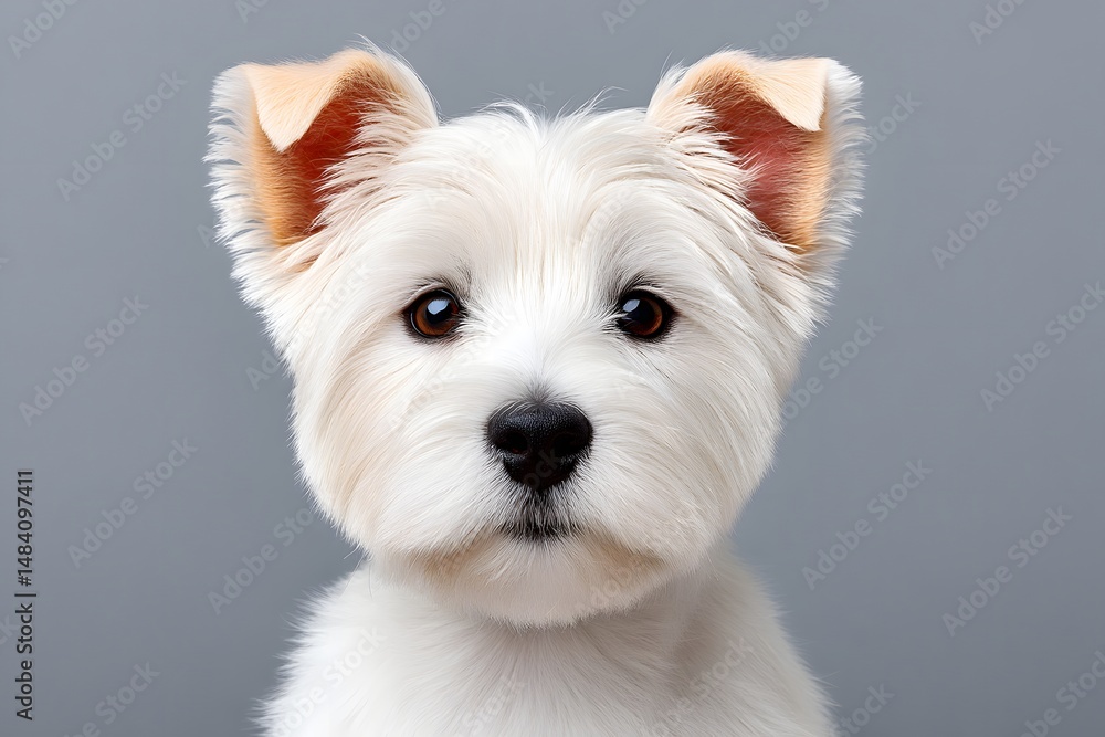 A cute white dog with fluffy fur and perked ears, posing against a neutral background. This charming pet embodies playfulness and loyalty, perfect for pet-related themes. A cute white dog with fluffy fur and perked ears, posing against a neutral background. This charming pet embodies playfulness and loyalty, perfect for pet-related themes.