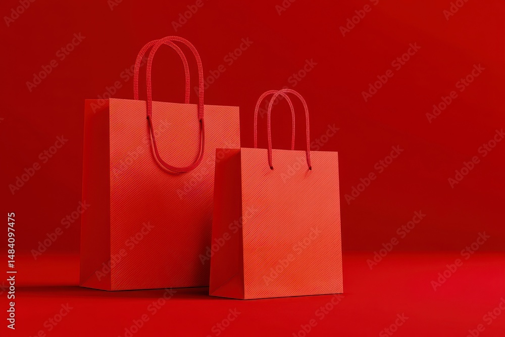 Red paper shopping bags mockup with red handles on red background