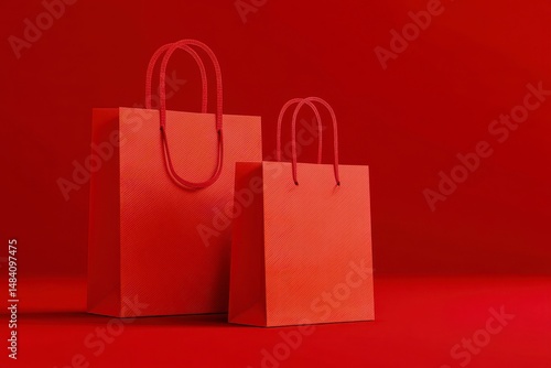 Obraz na płótnie Red paper shopping bags mockup with red handles on red background w salonie