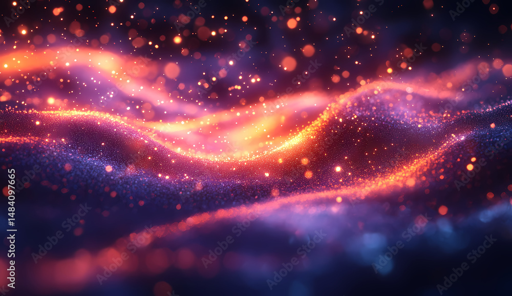 Fototapeta premium Vibrant cosmic landscape, swirling nebulae of orange and purple hues. Glittering stardust and ethereal glow. Abstract art.