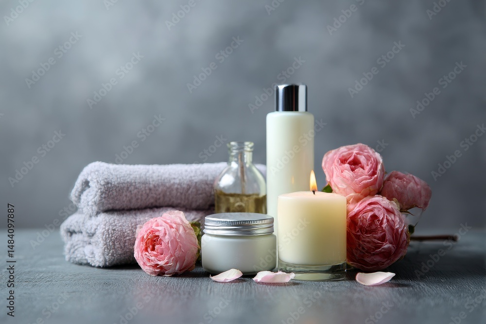 Composition with spa products, roses and candle on grey wooden table.