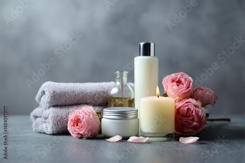 Obraz na płótnie Composition with spa products, roses and candle on grey wooden table. w salonie
