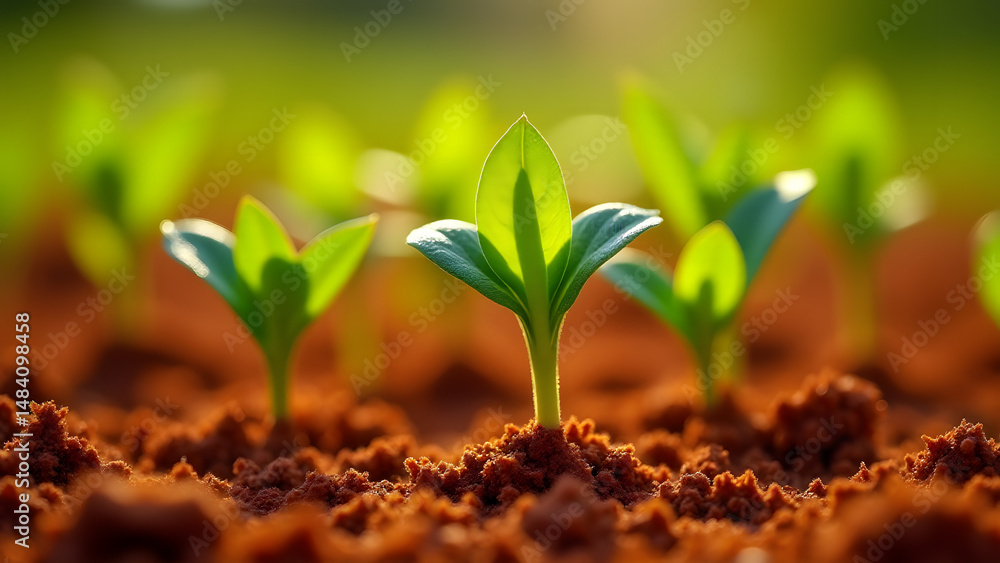 Vibrant green sprouts in dry red soil, dramatic color contrast, detailed earth texture. Vibrant green sprouts in dry red soil, dramatic color contrast, detailed earth texture.