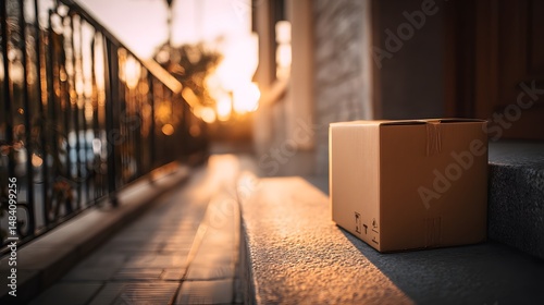 Cardboard package placed on doorstep in warm morning sunlight with soft shadows and shallow depth of field, conveying delivery service, contactless shipping, and home logistics concept