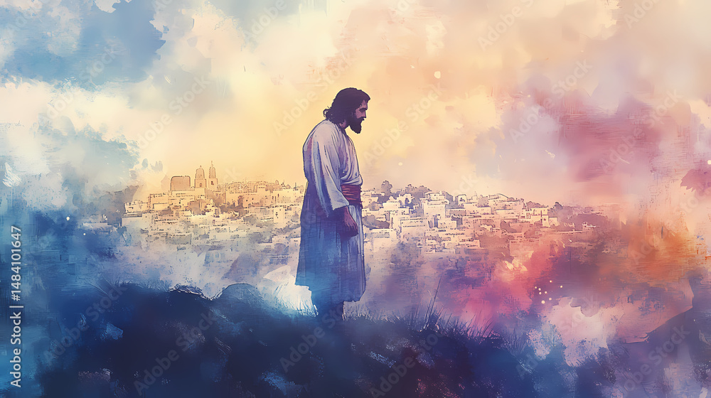 Obraz premium jesus standing hill overlooking jerusalem
