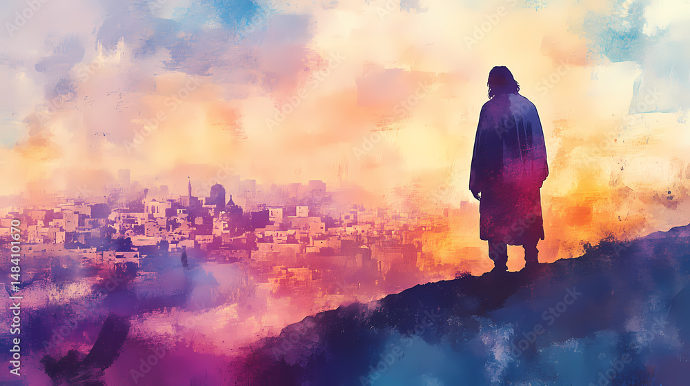 Obraz premium jesus standing hill overlooking jerusalem