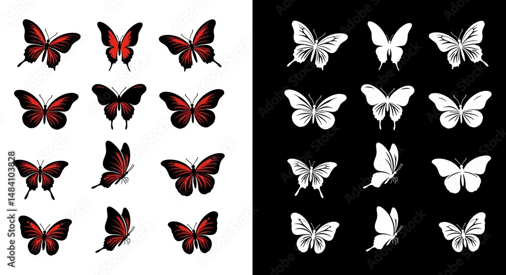 Obraz premium Crimson Butterfly Silhouettes: Elegant Red & White Vector Art