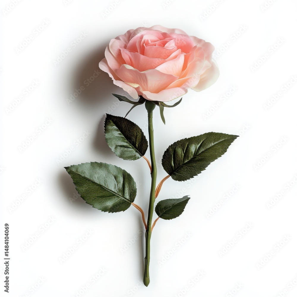 Obraz premium Pink rose with green leaves isolated on a white background